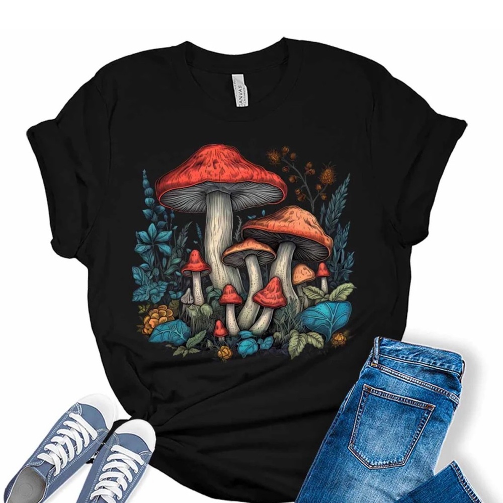Black T-Shirt with Red Mushroom Design